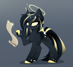 Size: 3333x3034 | Tagged: safe, artist:magnaluna, imported from derpibooru, oc, oc only, oc:astral umbra, alicorn, pony, alicorn oc, colored wings, colored wingtips, constellation, curved horn, eye clipping through hair, eyebrows, eyebrows visible through hair, female, folded wings, glowing, glowing horn, gradient background, halo, high res, horn, levitation, magic, mare, multicolored wings, raised hoof, scroll, solo, tail, telekinesis, wings