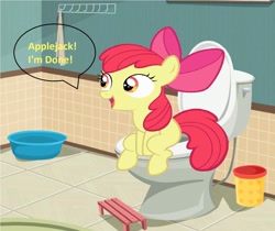 Size: 1596x1340 | Tagged: safe, artist:memeartboi, imported from derpibooru, apple bloom, earth pony, pony, adorabloom, bathroom, bucket, but why, cute, female, filly, foal, hollering, imminent flush, implied applejack, implied pooping, potty, potty time, potty training, sitting, sitting on toilet, solo, toilet, toilet humor, trash can, vector, vector used