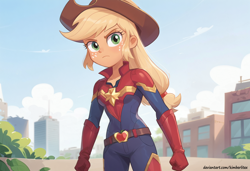 Size: 2432x1664 | Tagged: safe, imported from derpibooru, applejack, human, equestria girls, ai content, ai generated, angry, captain apple, generator:pony diffusion v6 xl, generator:stable diffusion, prompter:kimberlite, superhero