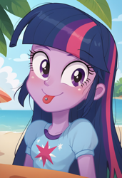 Size: 832x1216 | Tagged: safe, imported from derpibooru, twilight sparkle, human, equestria girls, ai content, ai generated, beach, generator:pony diffusion v6 xl, generator:stable diffusion, piercing, prompter:kimberlite, tongue out, tongue piercing