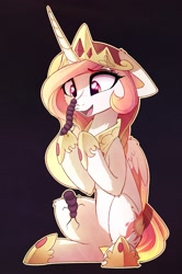 Size: 1324x1997 | Tagged: safe, artist:magnaluna, imported from derpibooru, princess celestia, alicorn, centipede, millipede, pony, arthropod, colored wings, crown, cute, cutelestia, female, heart, heart eyes, hoof shoes, horn, jewelry, long horn, looking at something, mare, peytral, princess shoes, regalia, sitting, solo, wingding eyes, wings