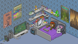 Size: 1920x1080 | Tagged: safe, artist:darkdoomer, button mash, sweetie belle, earth pony, pony, renamon, unicorn, yoshi, fallout equestria, 4chan, bed, bedroom, blanket, book, bookshelf, colt, comfy, computer, console, controller, digimon, dreamcast, duo, everfree outpost, female, filly, frederic molas, games, internet browser, isometric, keyboard, looking at something, male, manehattan, pixel art, playstation 2, poster, sleep tight, stereo, super famicom, television, toy, video game, wallpaper