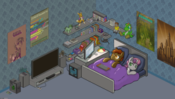 Size: 1920x1080 | Tagged: safe, alternate version, artist:darkdoomer, button mash, sweetie belle, earth pony, pony, renamon, unicorn, yoshi, fallout equestria, 4chan, bed, bedroom, blanket, book, bookshelf, colt, comfy, computer, console, controller, digimon, dreamcast, duo, everfree outpost, female, filly, frederic molas, games, internet browser, isometric, keyboard, looking at something, male, manehattan, night, pixel art, playstation 2, poster, sleep tight, stereo, super famicom, television, toy, video game, wallpaper