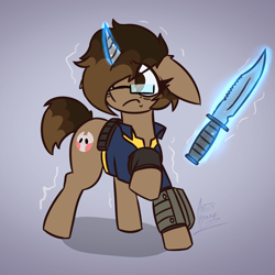 Size: 3000x3000 | Tagged: safe, artist:artsy madraw, imported from derpibooru, oc, oc only, pony, unicorn, fallout equestria, clothes, female, high res, horn, jumpsuit, knife, magic, mare, pipbuck, raised hoof, scared, simple background, solo, solo female, telekinesis, trembling, vault suit, weapon