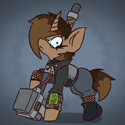 Size: 3000x3000 | Tagged: safe, artist:artsy madraw, imported from derpibooru, oc, oc only, pony, unicorn, fallout equestria, chest fluff, choker, clothes, female, fishnet clothing, fishnets, hammer, high res, horn, jacket, leather, leather jacket, looking at you, mare, pipbuck, simple background, sledgehammer, socks, solo, solo female, stockings, super sledge, thigh highs, weapon