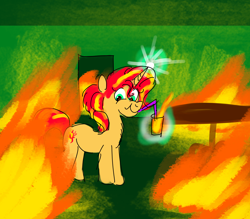 Size: 3200x2800 | Tagged: safe, artist:horsesplease, imported from derpibooru, sunset shimmer, elemental, elemental pony, fire pony, original species, pony, unicorn, drink, drinking, fiery shimmer, fire, glass, horn, looking at you, magic, meme, ponified, ponified meme, smiling, solo, straw, surreal, telekinesis, this is fine