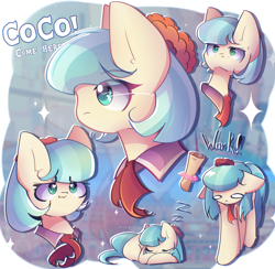 Size: 2250x2200 | Tagged: safe, artist:miryelis, imported from derpibooru, coco pommel, earth pony, pony, big ears, clothes, emotions, face, female, mare, short hair, smiling, solo, text