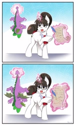 Size: 1249x2048 | Tagged: safe, artist:nekoshiei, imported from derpibooru, raven, spike, dragon, pony, unicorn, my little pony: the manga, 2 panel comic, angry, comic, commission, correction, cute, female, finished commission, glasses, hair bun, horn, magic, male, manga style, mare, mistake, mistakes were made, necktie, nervous sweat, older, older spike, pointing, ravenbetes, ravenspike, scroll, secretary, shipping, simple background, spikabetes, straight, white background, winged spike, wings, younger spike