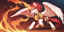 Size: 2400x1200 | Tagged: safe, imported from derpibooru, oc, alicorn, pony, ai content, ai generated, armor, ear fluff, fire, magic, male, prompter:greesys, solo, wing fluff, wings