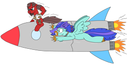 Size: 3332x1709 | Tagged: safe, artist:supahdonarudo, imported from derpibooru, oc, oc only, oc:ironyoshi, oc:sea lilly, classical hippogriff, hippogriff, unicorn, atg 2024, clothes, excited, flying, holding, horn, jewelry, necklace, newbie artist training grounds, rocket, scared, scratches, shirt, simple background, transparent background