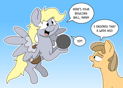 Size: 2304x1660 | Tagged: safe, artist:doodledonutart, imported from derpibooru, derpy hooves, pony, atg 2024, bowling ball, newbie artist training grounds