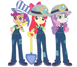 Size: 4709x4066 | Tagged: safe, artist:gmaplay, imported from derpibooru, apple bloom, scootaloo, sweetie belle, equestria girls, cutie mark crusaders, female, pickaxe, shovel, simple background, transparent background, trio, trio female