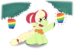 Size: 1383x934 | Tagged: safe, artist:zeccy, imported from derpibooru, granny smith, earth pony, pony, apple, atg 2024, braid, braided ponytail, braided tail, food, happy, newbie artist training grounds, open mouth, open smile, ponytail, simple background, smiling, solo, tail, transparent background, zap apple