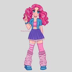 Size: 4000x4000 | Tagged: safe, artist:dearycocoa, imported from derpibooru, pinkie pie, human, alternate hairstyle, blushing, boots, bracelet, clothes, cute, diapinkes, female, freckles, gray background, humanized, jewelry, leg warmers, mismatched socks, peace sign, pigtails, shirt, shoes, short shirt, simple background, skirt, socks, solo, striped socks, twintails