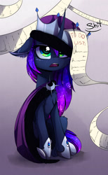 Size: 1600x2590 | Tagged: safe, artist:magnaluna, imported from derpibooru, princess luna, alicorn, pony, chest fluff, crown, curved horn, ear fluff, female, floppy ears, gradient background, hoof shoes, horn, jewelry, mare, open mouth, princess shoes, regalia, sitting, solo, vulgar