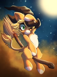 Size: 2149x2902 | Tagged: safe, artist:cabbage-arts, imported from derpibooru, oc, oc only, pony, broom, chest fluff, countershade feet, countershading, female, flying, flying broomstick, hat, leonine tail, mare, one eye closed, pale belly, solo, tail, white belly, wide eyes, witch hat