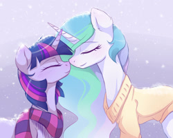 Size: 2500x2000 | Tagged: dead source, safe, artist:magnaluna, imported from derpibooru, princess celestia, twilight sparkle, pony, unicorn, boop, clothes, duo, duo female, eyes closed, female, high res, horn, horns are touching, lesbian, mare, noseboop, profile, race swap, scarf, shipping, side view, smiling, snow, snowfall, striped scarf, sweater, twilestia, unicorn celestia, unicorn twilight, winter