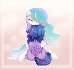 Size: 2100x2000 | Tagged: dead source, safe, artist:magnaluna, imported from derpibooru, princess celestia, twilight sparkle, alicorn, pony, colored wings, colored wingtips, duo, duo female, ethereal mane, ethereal tail, eyes closed, female, folded wings, high res, horn, hug, lesbian, mare, rear view, shipping, sitting, smiling, tail, twilestia, twilight sparkle (alicorn), wings