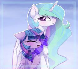 Size: 2700x2400 | Tagged: dead source, safe, artist:magnaluna, imported from derpibooru, princess celestia, twilight sparkle, alicorn, pony, blushing, clothes, duo, duo female, ethereal mane, eyebrows, eyebrows visible through hair, eyes closed, female, folded wings, heart, heart eyes, high res, horn, hug, lesbian, long horn, looking at someone, mare, open mouth, open smile, profile, scarf, shared clothing, shared scarf, shipping, side view, smiling, striped scarf, twilestia, twilight sparkle (alicorn), wingding eyes, winghug, wings