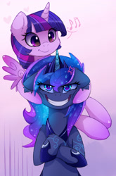 Size: 2910x4400 | Tagged: safe, artist:magnaluna, imported from derpibooru, princess luna, twilight sparkle, alicorn, pony, cross-popping veins, crown, duo, duo female, emanata, eye clipping through hair, female, forced smile, gradient background, high res, hoof shoes, horn, jewelry, luna is not amused, mare, music notes, peytral, princess shoes, regalia, smiling, twilight sparkle (alicorn), unamused