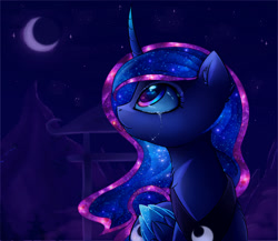 Size: 2190x1900 | Tagged: safe, artist:magnaluna, imported from derpibooru, princess luna, alicorn, pony, colored wings, crescent moon, crying, curved horn, ear fluff, ethereal mane, female, galaxy mane, high res, horn, looking up, mare, moon, night, night sky, outdoors, peytral, sky, solo, teary eyes, wings