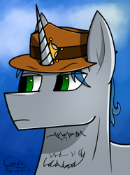 Size: 1248x1680 | Tagged: safe, artist:hno3, imported from derpibooru, oc, unicorn, equestria at war mod, blue mane, bust, clothes, equestria rises still (equestria at war submod), gradient background, green eyes, hat, horn, portrait, sheriff, sheriff's badge, unicorn oc