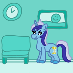 Size: 1000x1000 | Tagged: safe, artist:mintwhistle, imported from derpibooru, minuette, pony, unicorn, atg 2024, clock, colored hooves, female, hooves, horn, looking at something, looking up, mare, medibang paint, newbie artist training grounds, no pupils, picture, seat, smiling, solo, waiting room