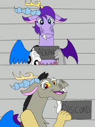 Size: 827x1104 | Tagged: safe, artist:adeanthepurpledragon, imported from derpibooru, discord, oc, oc:adean the draconequus, draconequus, barbie mugshot meme, meme, mugshot