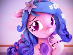 Size: 2880x2160 | Tagged: safe, artist:psfmer, imported from derpibooru, izzy moonbow, pony, unicorn, 3d, bracelet, cute, female, flower, flower in hair, g5, hoof heart, hoof on chin, horn, izzybetes, jewelry, looking at you, mare, smiling, smiling at you, solo, source filmmaker, underhoof, unshorn fetlocks