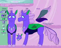 Size: 4000x3200 | Tagged: safe, artist:azurllinate, imported from derpibooru, oc, oc:ocelia, changedling, changeling, 2024, blue body, blue eyes, blue tongue, english, eyelashes, female, front view, high res, horn, insect wings, looking at you, name, open mouth, purple body, purple changeling, purple hooves, purple mane, reference sheet, side view, simple background, smiling, smiling at you, solo, solo female, spread wings, standing, tail, text, wings