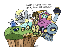 Size: 2409x1747 | Tagged: safe, artist:bobthedalek, imported from derpibooru, derpy hooves, doctor whooves, time turner, earth pony, pegasus, pony, atg 2024, cliff, doctor who, friendship express, locomotive, moments before disaster, newbie artist training grounds, portal, steam locomotive, tardis, time travel, train