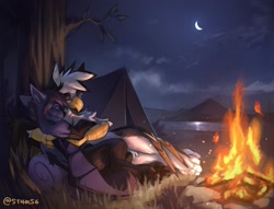 Size: 2000x1526 | Tagged: safe, artist:st4rs6, imported from derpibooru, oc, oc:nyn indigo, oc:ospreay, griffon, hybrid, bat wings, beak, campfire, camping, cloud, commission, cozy, crescent moon, cuddling, cute, grass, hug, moon, mountain, night, outdoors, paws, reflection, river, scenery, smiling, stars, tree, water, watermark, wholesome, wings