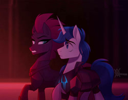 Size: 1010x791 | Tagged: safe, artist:thewandie, imported from ponybooru, tempest shadow, oc, oc:aegis, oc:feathertrap, pony, unicorn, alternate timeline, armor, bodysuit, commission, duo, facial scar, female, gritted teeth, looking at each other, male, mare, scar, slave, stallion, storm king's emblem, storm kingdom, ych result