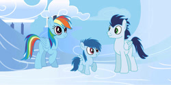 Size: 749x372 | Tagged: safe, artist:pixlepuppy, imported from ponybooru, rainbow dash, soarin', oc, pegasus, pony, female, filly, foal, male, mare, offspring, parent:rainbow dash, parent:soarin', parents:soarindash, shipping, soarindash, stallion, straight