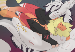 Size: 2426x1706 | Tagged: safe, artist:beardie, imported from derpibooru, oc, oc only, oc:rei zero, oc:yiazmat, draconequus, cuddling, draconequus oc, duo, ear fluff, feathered wings, female, horn, male, oc x oc, scar, shipping, wings