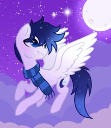 Size: 1220x1399 | Tagged: safe, artist:cstrawberrymilk, imported from derpibooru, oc, oc:moonlight dust, pegasus, pony, clothes, flying, male, night, scarf, solo, stallion