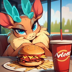 Size: 1200x1200 | Tagged: prompter needed, safe, imported from derpibooru, deer, reindeer, them's fightin' herds, ai content, ai generated, burger, community related, cup, drink, food, french fries, hamburger, velvet (tfh)