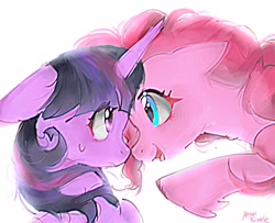 Size: 2048x1666 | Tagged: safe, artist:petaltwinkle, imported from derpibooru, pinkie pie, twilight sparkle, earth pony, pony, unicorn, alternate design, bangs, blue eyes, blurry, blushing, boop, colored hooves, curly mane, duo, duo female, eye clipping through hair, eyelashes, female, fetlock tuft, filter, floppy ears, frown, hooves, horn, looking at each other, looking at someone, mare, noseboop, open mouth, open smile, pink coat, pink hooves, pink mane, profile, purple coat, purple eyes, raised hoof, shiny, shiny eyes, signature, simple background, smiling, smiling at someone, straight mane, sweat, sweatdrop, three toned mane, tongue out, tri-color mane, tri-colored mane, tricolor mane, tricolored mane, unicorn horn, unicorn twilight, unshorn fetlocks, white background