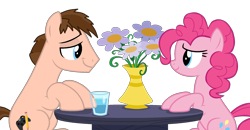 Size: 2082x1086 | Tagged: safe, artist:rogan140, imported from derpibooru, pinkie pie, oc, oc:braden, earth pony, canon x oc, female, flower, glass, looking at each other, looking at someone, male, shipping, show accurate, simple background, straight, style emulation, table, transparent background, vase