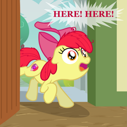 Size: 1919x1919 | Tagged: safe, artist:nitei, imported from derpibooru, apple bloom, earth pony, pony, atg 2024, bow, bush, cloud, dialogue, door, hair bow, messy mane, newbie artist training grounds, ponyville schoolhouse, running, solo, text, tree, yelling