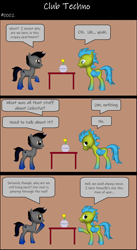 Size: 1920x3516 | Tagged: safe, artist:techno-babble, imported from derpibooru, oc, oc only, oc:stratus wing, oc:techno babble, earth pony, pegasus, pony, comic:club techno, series:technoverse, 3 panel comic, 3d, comic, male, speech bubble, stallion, talking