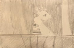 Size: 3502x2284 | Tagged: safe, artist:mlpfantealmintmoonrise, imported from derpibooru, earth pony, atg 2024, clothes, curtains, facial hair, irl, leaning forward, light, looking offscreen, male, monochrome, necktie, newbie artist training grounds, pencil drawing, photo, picture, shadow, shaved, short mane, stage, stallion, suit, traditional art, unnamed character