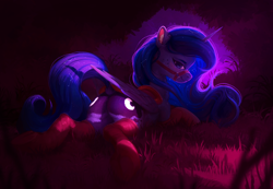 Size: 3586x2484 | Tagged: safe, artist:itssim, imported from derpibooru, princess luna, alicorn, pony, blushing, bridle, butt, clothes, dock, ear fluff, female, folded wings, grass, high res, horn, looking at you, looking back, looking back at you, lying down, mare, moonbutt, plot, prone, saddle, smiling, smiling at you, socks, solo, sploot, tack, tail, wings