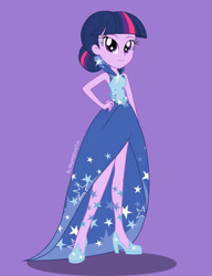 Size: 828x1077 | Tagged: safe, artist:nightglowfan, imported from ponybooru, twilight sparkle, human, equestria girls, clothes, dress, female, gala dress, purple background, simple background, solo