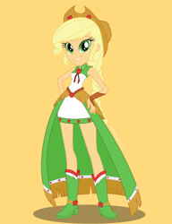 Size: 828x1077 | Tagged: safe, artist:nightglowfan, imported from ponybooru, applejack, human, equestria girls, clothes, dress, female, gala dress, orange background, simple background, solo