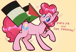 Size: 1427x984 | Tagged: safe, artist:tapi_okae, imported from ponybooru, pinkie pie, flag, mouthpiece, palestine, solo