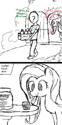 Size: 800x1600 | Tagged: safe, artist:notawriteranon, imported from ponybooru, fluttershy, oc, oc:anon, human, pegasus, pony, 2 panel comic, comic, female, human and pony, implied lactation, mare, milk