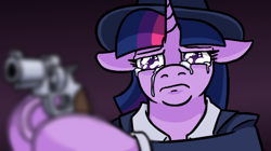 Size: 700x393 | Tagged: safe, artist:jargon scott, imported from derpibooru, twilight sparkle, pony, unicorn, bust, clothes, crying, depth of field, fedora, female, floppy ears, frown, gun, handgun, hat, hoof hold, horn, mare, meme, narrowed eyes, ponified meme, revolver, solo, suit, weapon