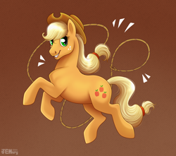 Size: 2000x1765 | Tagged: safe, artist:jenery, imported from derpibooru, applejack, earth pony, pony, applejack's hat, cowboy hat, emanata, female, gradient background, grin, hat, lasso, mare, rope, smiling, solo