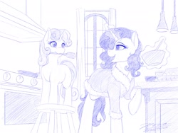 Size: 1920x1440 | Tagged: safe, artist:novaintellus, imported from derpibooru, rarity, sweetie belle, pony, unicorn, atg 2024, bathrobe, belle sisters, bowl, clothes, duo, duo female, female, filly, foal, glowing, glowing horn, horn, kitchen, levitation, magic, mare, mixing bowl, monochrome, mouth hold, newbie artist training grounds, robe, siblings, simple background, sisters, telekinesis, white background